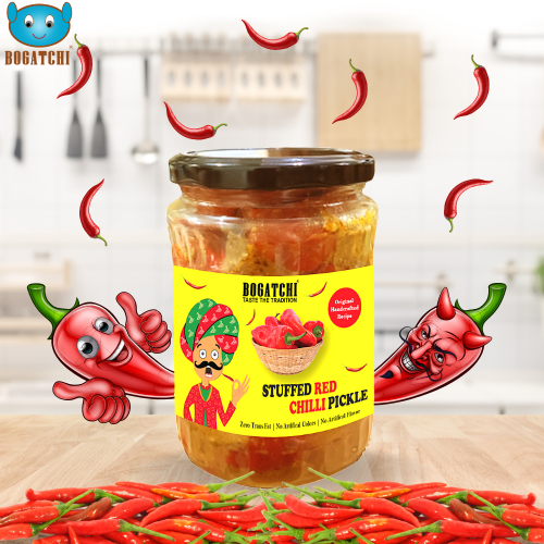 BOGATCHI Stuffed Red Chilli Pickle | Real Taste | Handcrafted Original Pickle | Achar Pickle | No Preservatives | No Artificial Color | No Artificial Flavor | Natural Ingredients | 500g